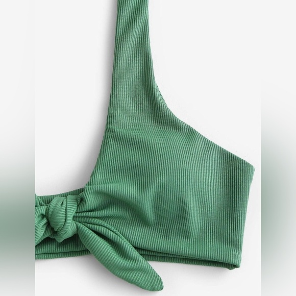 Zaful Ribbed Tie-Front Bikini With Midrise Cheeky Bottom In Green Size M - Picture 3 of 10